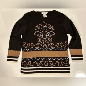 Petite Sophisticate Collection Black & Tan Stitched Patterned Knit Sweater, P/P